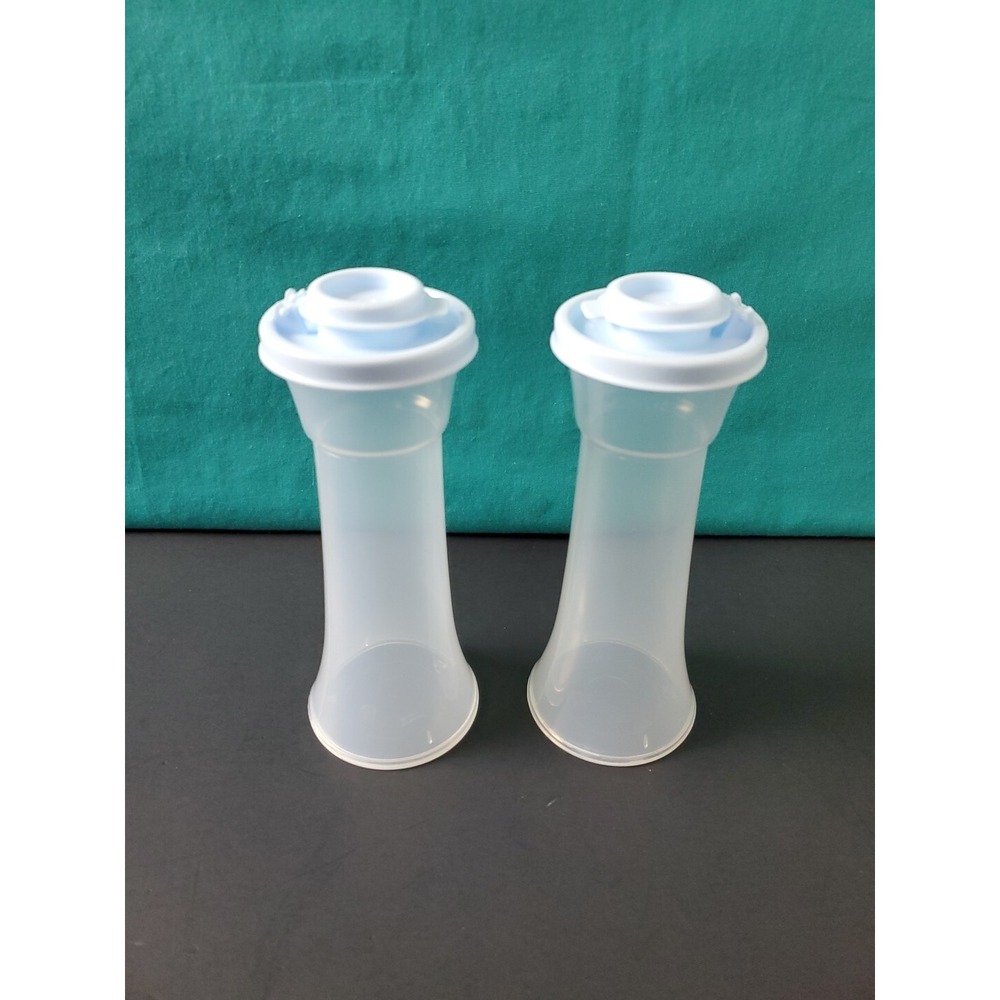 Tupperware Large Hourglass Salt & Pepper Shaker Set Light Blue Seals New Blue